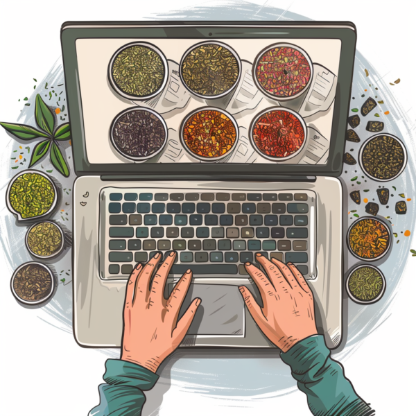 digital illustration of a laptop computer opened to an online tea shop