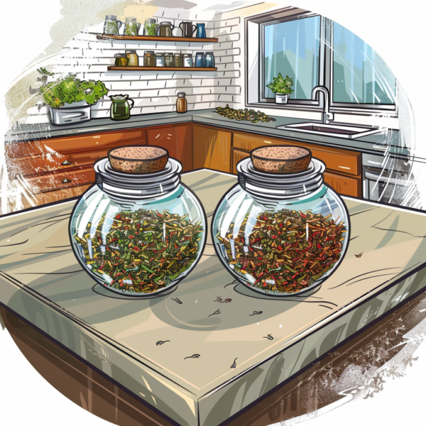 digital illustration of two glass jars with loose-leaf tea inside, sitting on a kitchen counter