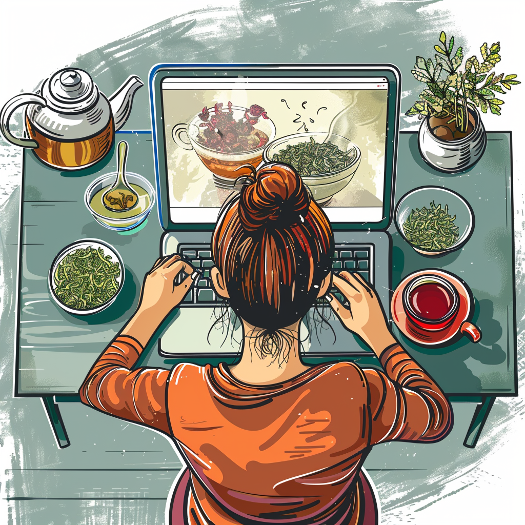 digital illustration of a woman sitting at her desk with loose-leaf tea, taking a virtual class