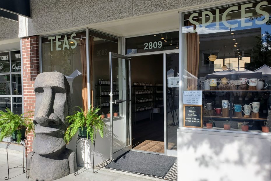 a photo of the outside a tea shop called Chai Cupboard, with a large replica Moai on the sidewalk in front of it, flanked by two ferns