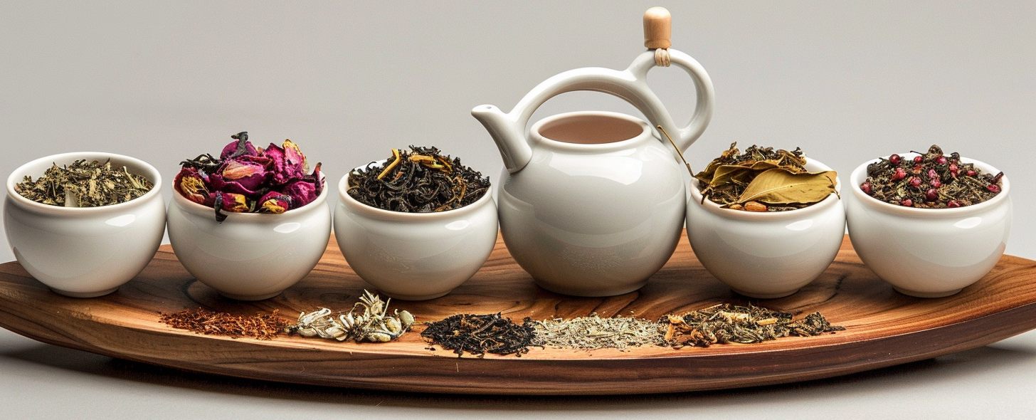 studio photograph of a fancy tea set with loose leaf teas