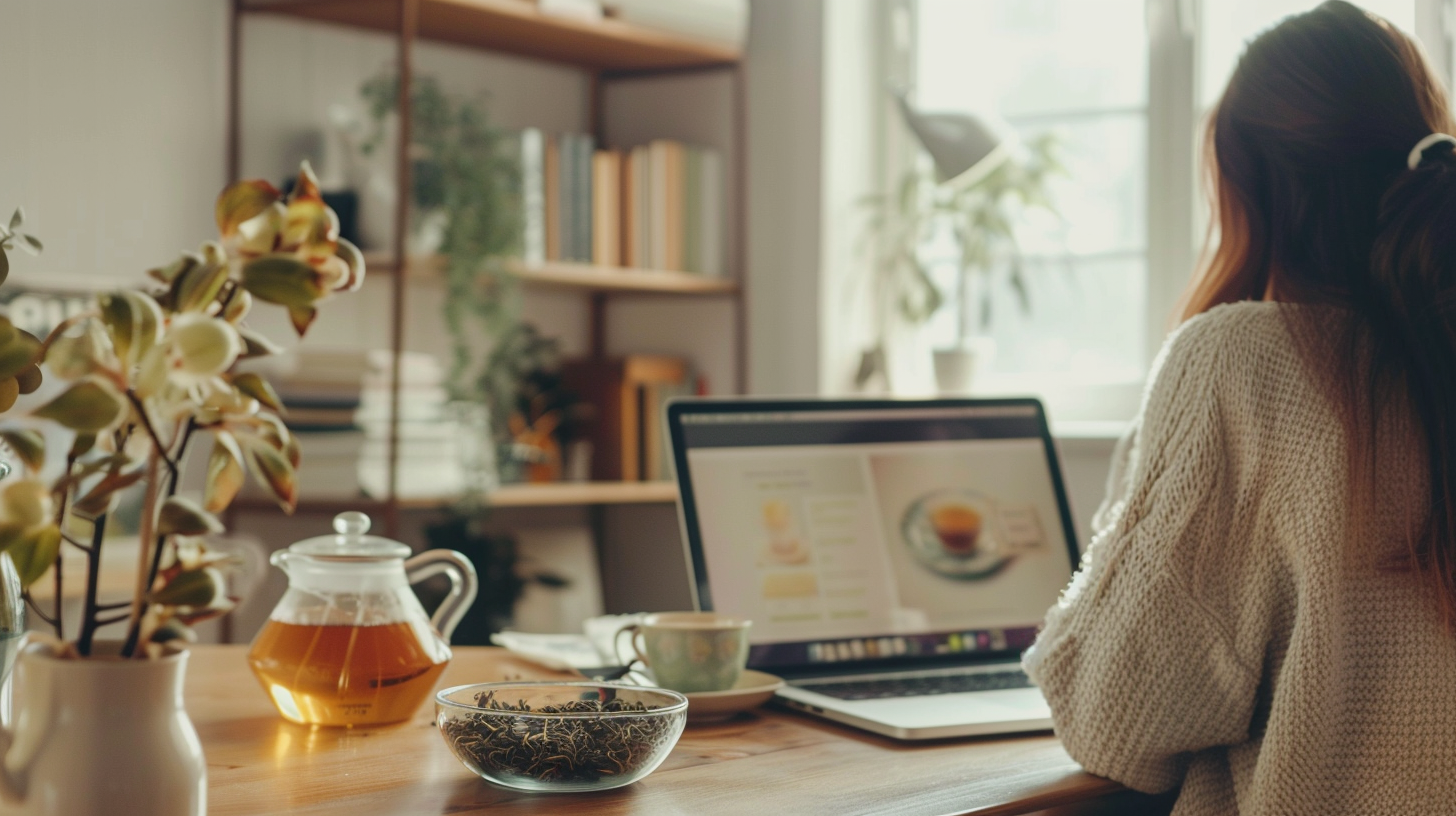 Photograph of a woman sitting at a desk in a minimally-decorated modern home office, with a teapot, a small bowl of loose-leaf tea, and a teacup on her desk. She is watching a virtual tea class on her laptop screen.